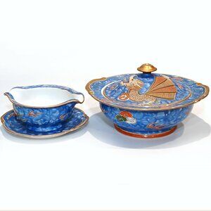 Vintage Japanese Blue Kutani Moriage Dragonware Tureen+Gravy Bowl Occupied Japan